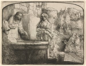 Kristus ja samarialainen nainen: kaareva painokuva tekijältä Rembrandt van Rijn
