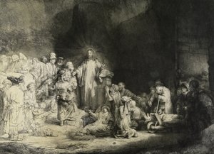 Kristus parantaa sairaita: "Sadan guldenin kirja", n. 1649 (etsaus, kuivakärki ja kaiverrus) tekijältä Rembrandt van Rijn