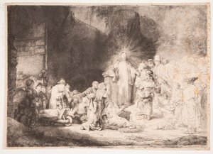 Kristus sairaiden ympäröimänä, ottaen vastaan pieniä lapsia (”Sadan guldenin painatus”) tekijältä Rembrandt van Rijn