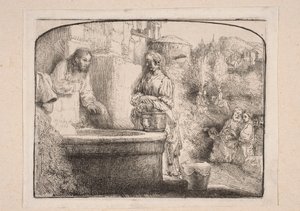 Kristus ja samarialainen nainen (Yläosasta kaarella suljettu sommitelma) tekijältä Rembrandt van Rijn