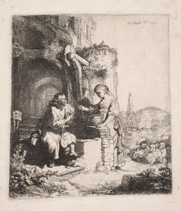 Kristus ja samarialainen raunioiden keskellä (pystysuora piirros) tekijältä Rembrandt van Rijn