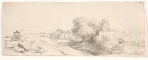 ”Maisema maitomiehen kanssa” -teoksen koepainos tekijältä Rembrandt van Rijn