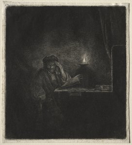 Kopio opiskelijasta pöydässä kynttilänvalossa tekijältä Rembrandt van Rijn