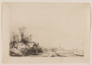Mökki kanavan vieressä näköalalla Ouderkerkiin tekijältä Rembrandt van Rijn