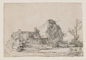 Mökki ja maatilarakennukset, joiden edessä mies piirtää tekijältä Rembrandt van Rijn