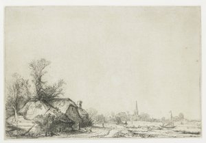 Mökki kanavan vieressä näköalalla Ouderkerkiin tekijältä Rembrandt van Rijn