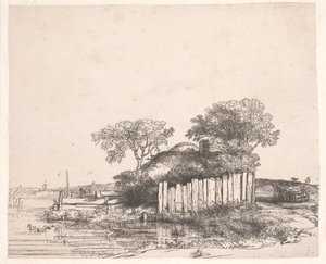 Mökki, jossa on valkoinen aita tekijältä Rembrandt van Rijn