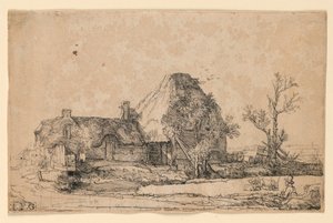 Mökit ja maatilarakennus, jossa mies piirtää tekijältä Rembrandt van Rijn