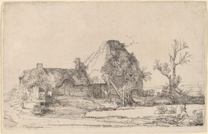 Mökit ja maatilarakennukset, joissa mies piirtää tekijältä Rembrandt van Rijn