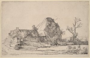 Mökit ja maatilarakennukset, joiden edessä mies piirtää tekijältä Rembrandt van Rijn