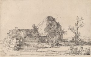 Mökit ja maatilarakennukset miehen luonnostelemalla, n. 1645. tekijältä Rembrandt van Rijn