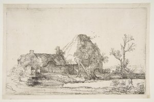 Mökit ja maatilarakennukset miehen luonnostelemalla, n. 1645. tekijältä Rembrandt van Rijn