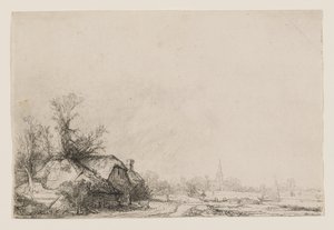 Kanavan varrella sijaitsevat mökit, joissa on kirkko ja purjevene tekijältä Rembrandt van Rijn