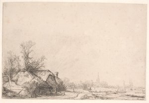 Kanavan varrella sijaitsevat mökit: kirkko ja purjevene tekijältä Rembrandt van Rijn