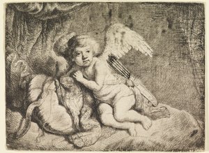 Amor lepää, aiemmin Rembrandtille kuuluvan maalauksen jälkeen tekijältä Rembrandt van Rijn