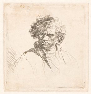 Kiharapäinen mies, jolla on kihara suu tekijältä Rembrandt van Rijn