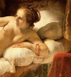 Danae, 1643 öljy kankaalle yksityiskohta numerosta 47569 tekijältä Rembrandt van Rijn