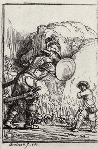 Daavid ja Goljat. Menasseh ben Israelin kuvitus Piedra gloriosalle tekijältä Rembrandt van Rijn
