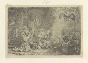 Angel jättää Tobiaksen ja hänen perheensä Recueil de quatre-vingt-cinq estampes originales (sarjan nimi) tekijältä Rembrandt van Rijn