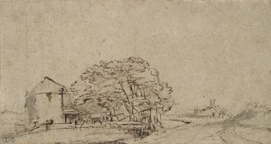 Maatilarakennus tien vieressä ja kaukana oleva maatila, 1650-69 (tussi ja ruskea tussi, harmaa tussi paperille) tekijältä Rembrandt van Rijn