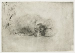 Maalaistalo puiden keskellä Puuryökkä näköalalla tekijältä Rembrandt van Rijn
