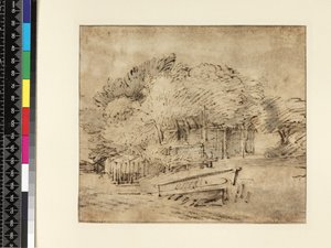 Maalaistalo puiden alla, kävelysillalla, n. 1650 (kynä ja muste pesulla paperille) tekijältä Rembrandt van Rijn