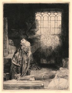 Faust tutkimuksessaan, katsomassa taikalevyä tekijältä Rembrandt van Rijn