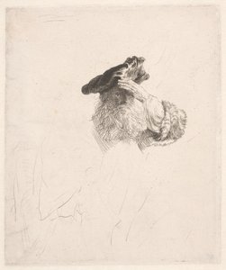 Vanha mies varjostaa silmiään kädellä tekijältä Rembrandt van Rijn