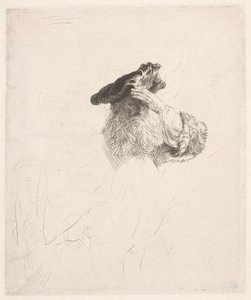 Vanha mies varjostaa silmiään kädellä tekijältä Rembrandt van Rijn