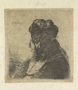 Parrakas vanha mies, jolla on korkea turkishattu ja suljetut silmät Recueil de quatre-vingt-cinq estampes originales (sarjan nimi) tekijältä Rembrandt van Rijn