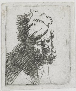 Turkislakkiin pukeutuneen miehen pää, joka huutaa tekijältä Rembrandt van Rijn