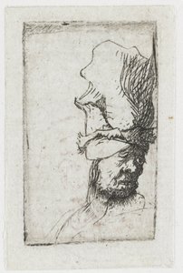 Korkean lippalakin päähän pukeutuneen miehen pää tekijältä Rembrandt van Rijn