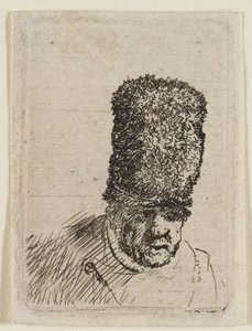 Vanhan miehen pää, jolla on korkea turkislakki: rintakuva tekijältä Rembrandt van Rijn