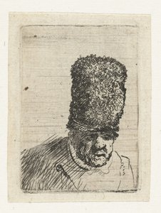 Vanhan miehen pää, jolla on korkea turkislakki tekijältä Rembrandt van Rijn