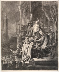 Jeesus Pilatuksen edessä: iso lautanen tekijältä Rembrandt van Rijn