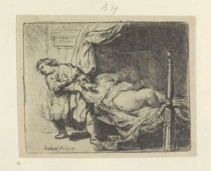 Jozef en de vrouw van Potifar Kokoelma kahdeksankymmentäviisi alkuperäistä vedosta (sarjan nimi) tekijältä Rembrandt van Rijn
