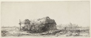 Maisema, jossa on mökkejä ja heinävaja tekijältä Rembrandt van Rijn
