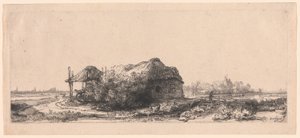 Maisema mökeillä ja heinänavetta: pitkulainen tekijältä Rembrandt van Rijn