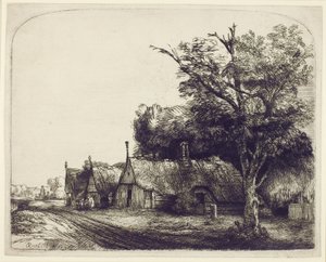 Maisema päätymökeillä tien varrella, 1650 (etsaus ja kuivapuikko paperille) tekijältä Rembrandt van Rijn