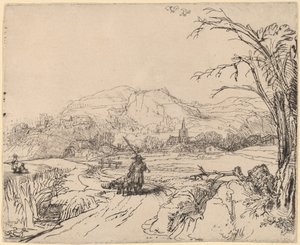 Maisema urheilijan ja koiran kanssa tekijältä Rembrandt van Rijn