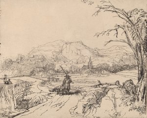 Maisema urheilijan ja koiran kanssa, c. 1653. tekijältä Rembrandt van Rijn