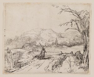 Maisema urheilijan ja koirien kanssa tekijältä Rembrandt van Rijn