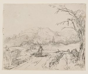 Maisema, jossa on urheilija ja koiria tekijältä Rembrandt van Rijn