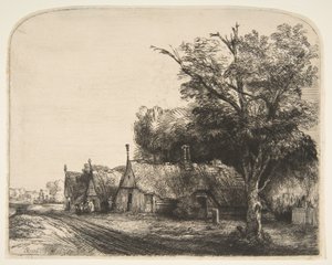 Maisema, jossa on kolme päätymökkiä tien varrella, 1650. tekijältä Rembrandt van Rijn