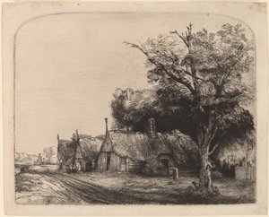 Maisema, jossa on kolme päätymajaa tien varrella tekijältä Rembrandt van Rijn