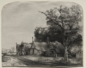 Maisema, jossa on kolme päätymajaa tien varrella tekijältä Rembrandt van Rijn