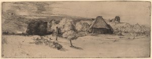 Maisema puita, maatilarakennuksia ja tornia tekijältä Rembrandt van Rijn