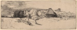 Maisema puita, maatilarakennuksia ja tornia, c. 1651. tekijältä Rembrandt van Rijn