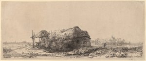Maisema mökillä ja heinänavetta: pitkulainen tekijältä Rembrandt van Rijn