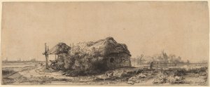 Maisema mökillä ja heinänavetta: pitkulainen tekijältä Rembrandt van Rijn